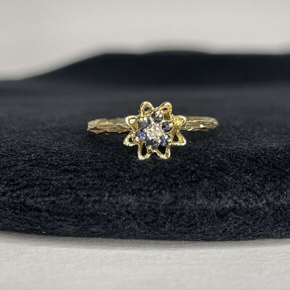 1980’s Vintage 10 K Diamond & Blue Sapphire Tulip Ring Approx Sz 5 Bark Texture